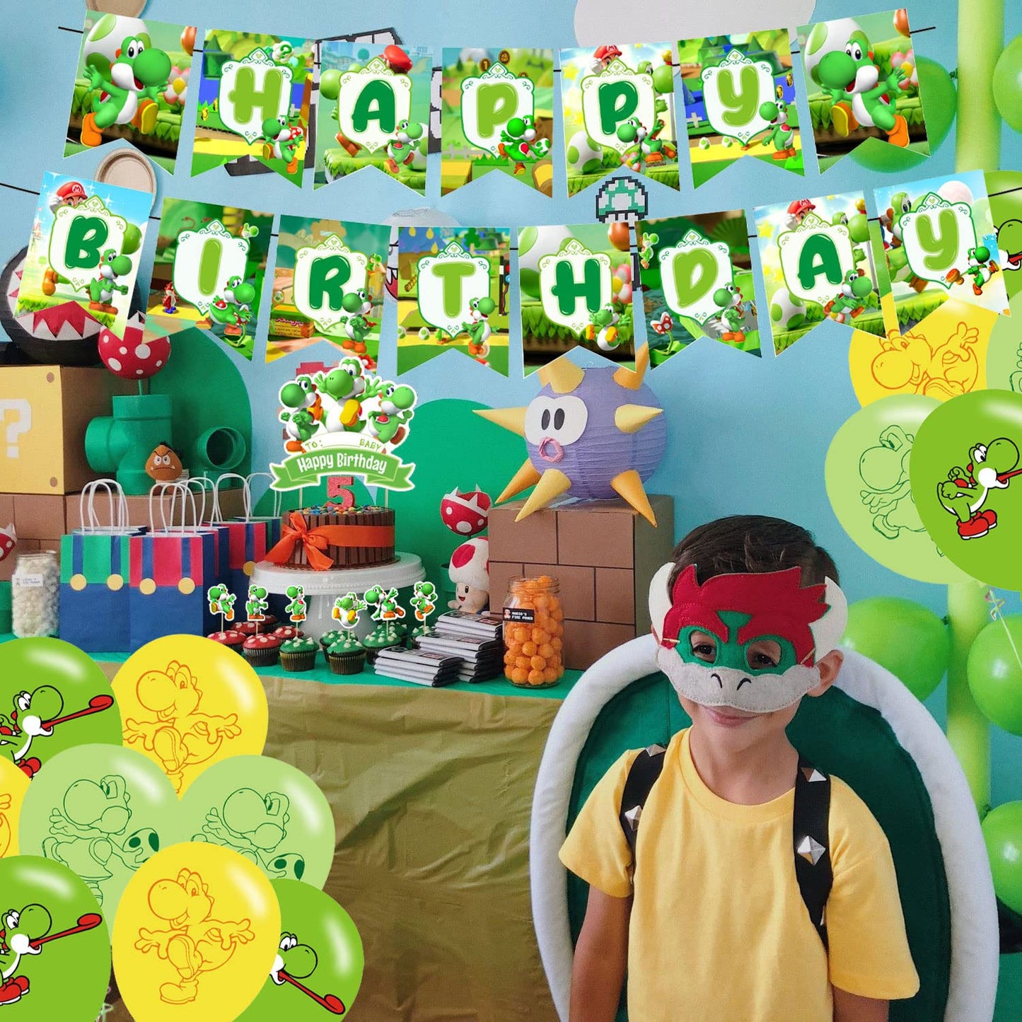 Yoshi Party Decorations,Yoshi Birthday Party Supplies Includes Banner - Cake Topper - 24 Cupcake Toppers - 18 Balloons