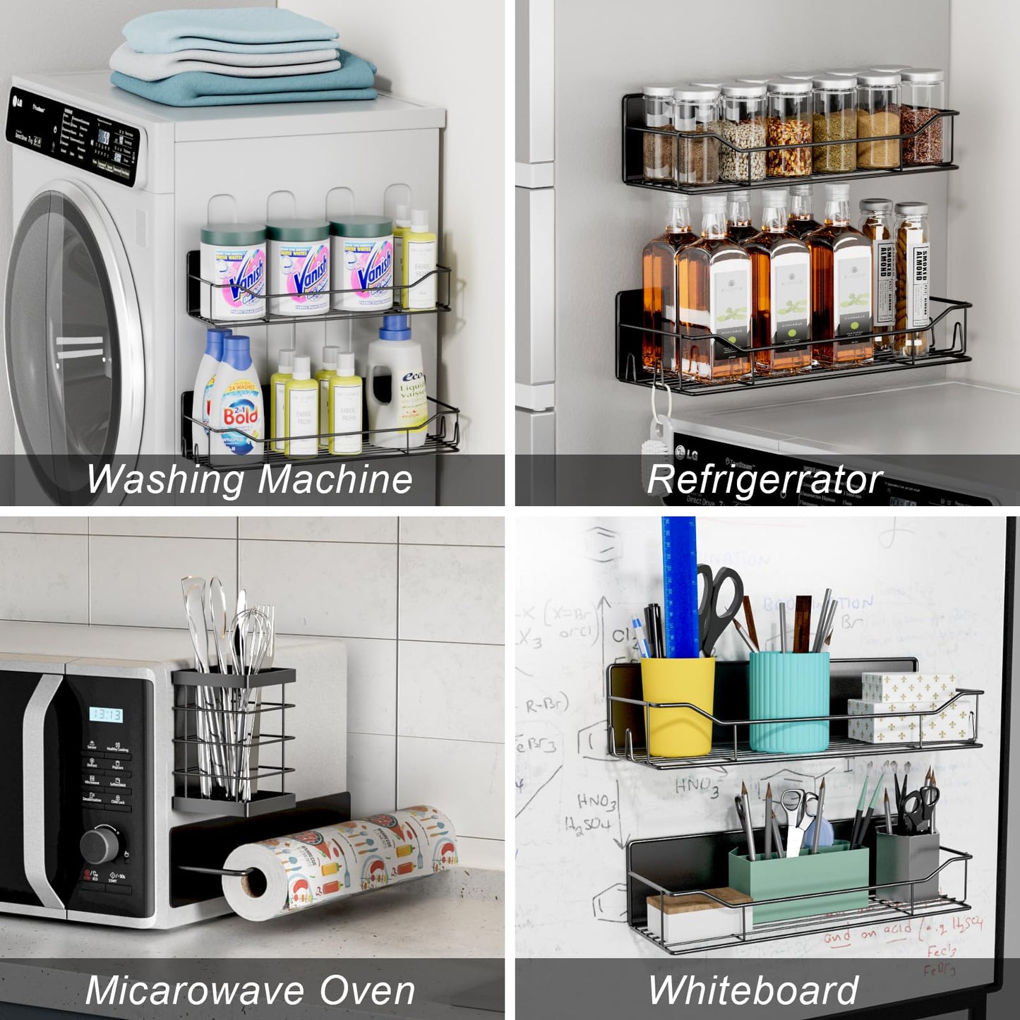 IYEBAU Magnetic Spice Rack for Refrigerator,8 Pack Magnetic Fridge Shelf, Moveable Spice Organizer with Hook Rack, Paper Towel Holder, Utensil Holder,cup lid holder, Super Magnetic Rack Set (Black)
