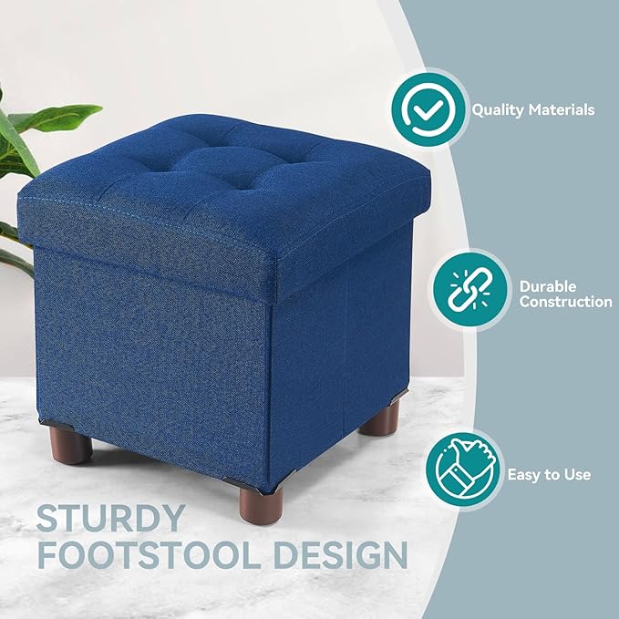 BRIAN & DANY Small Ottoman with Storage, Small Storage Ottoman, Folding Foot Stool with Wood Legs for Living Room and Bedroom Linen Rest Seat, 12.6"x12.6"x12.8" - Blue