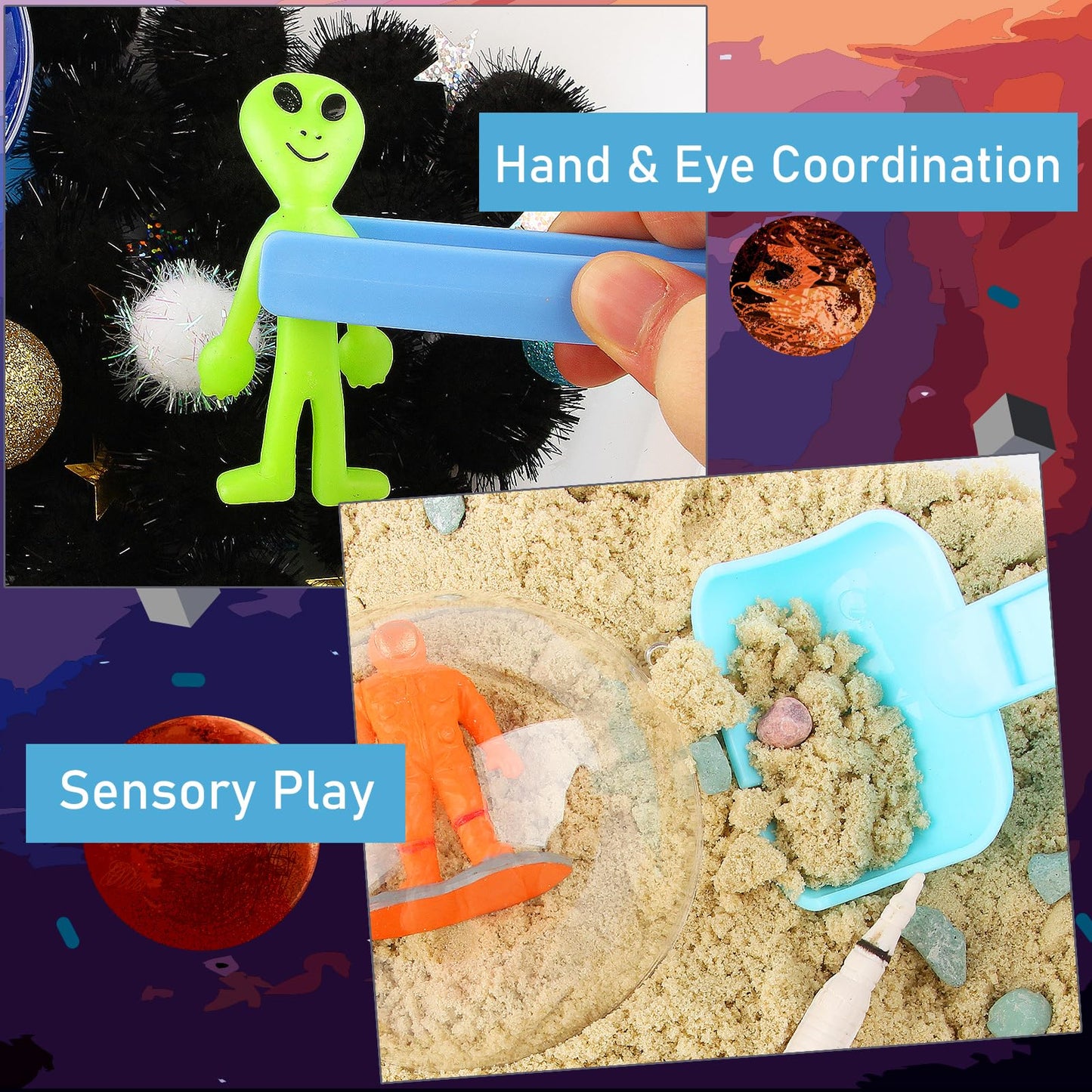 Space Themed Sensory Bin Filler,Planet Toys for Kids, Universe Solar System for Autistic Children, Space Astronauts Sensory Toys for Toddlers with 9 Planets, Sand, 3 Tools and More