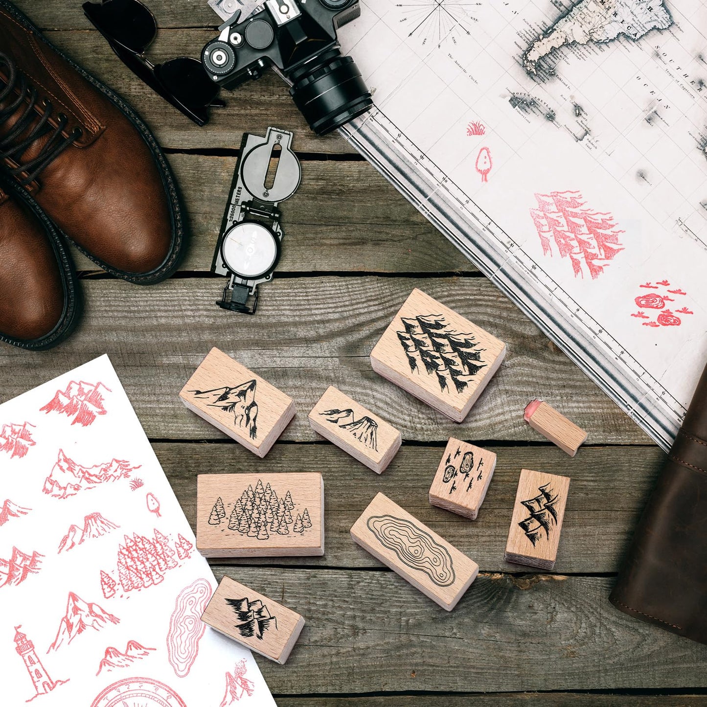 Marspark 24 Pcs Compass Mountains Stamp Combo Map Making Rubber Stamp Kit Compass Outdoor Scenery Stamps for RPG Adventures, Storytelling, and Creative Projects