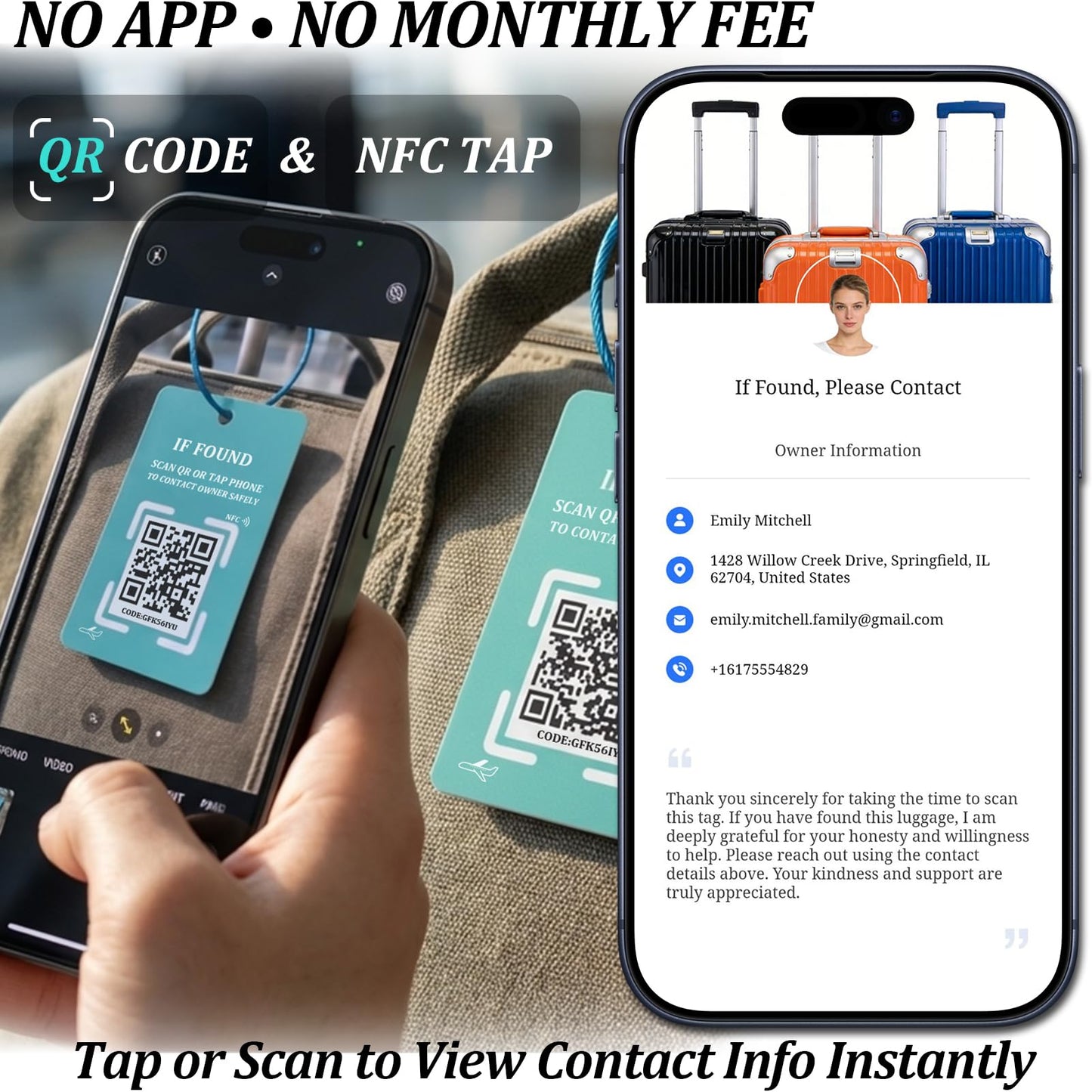 Luggage Tag with NFC & QR Code - Find My Bag Tracker, No App Needed, Scan QR or Tap NFC to Contact Owner, Real-Time Location Alert Upon Scan to Email, One-Time Purchase No Subscription - Teal 2pcs