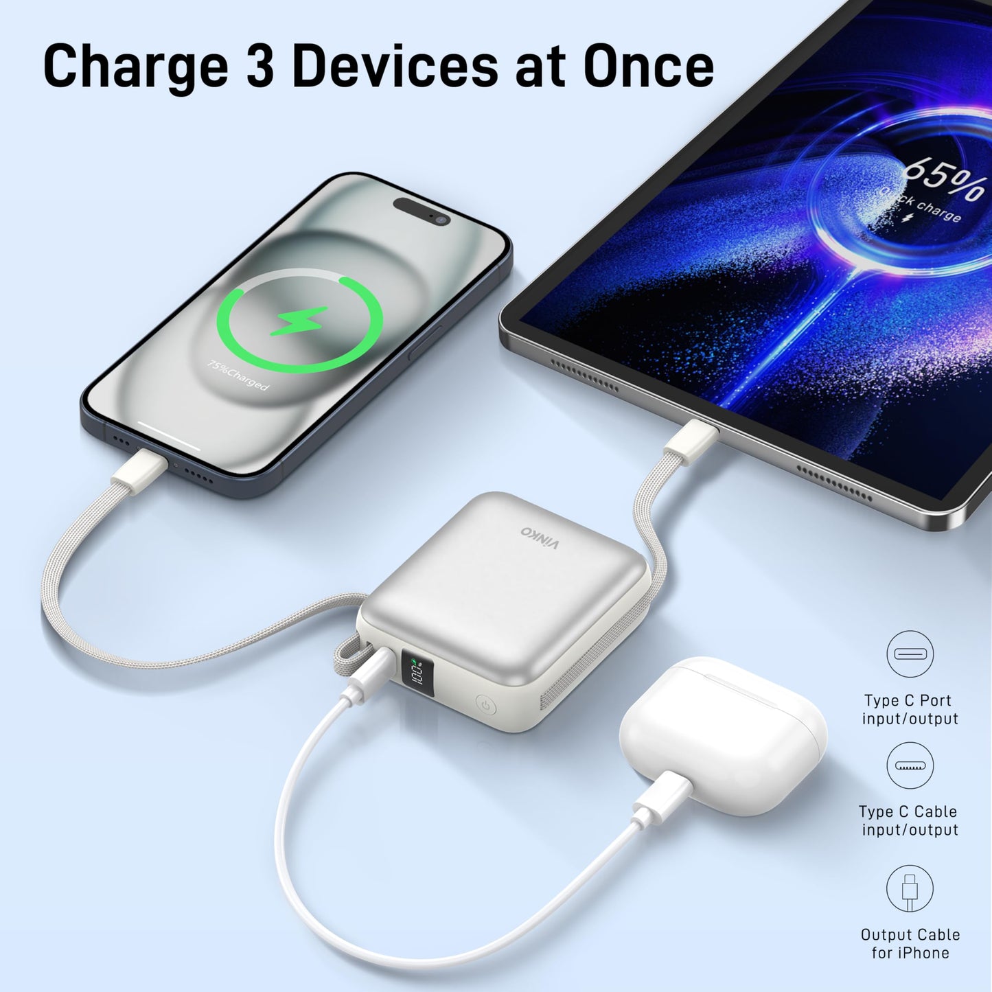 VINKO Small Portable Charger, 22.5W Fast Charging Mini Power Bank 10000mAh with Built-in Cables, Travel Essential USB-C Battery Pack Compatible with iPhone 17/16/15, Samsung S25/24, Android (White)