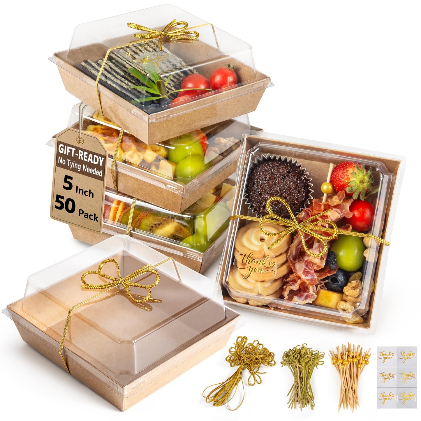 Gift-Ready Charcuterie Boxes with Clear Lids, Cake Slice Container, Bakery packaging, Food Gift Containers, Small Treat, 5"Dessert Boxes with Ready to use Ribbon and Bamboo Skewers-50 Count-BROWN