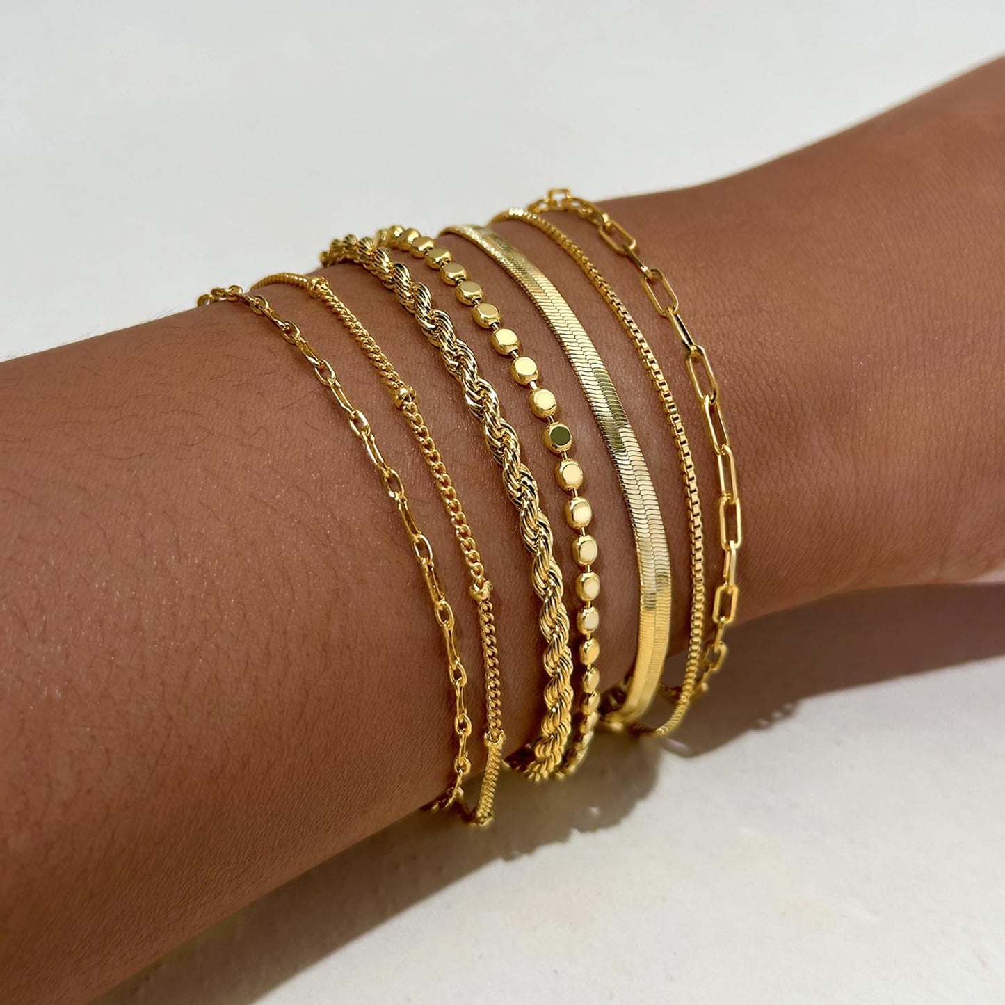 Amicon 14K Gold Plated Bracelets Set for Women – 7Pcs Dainty Stackable Tarnish-Resistant Paperclip Chain Jewelry Gift