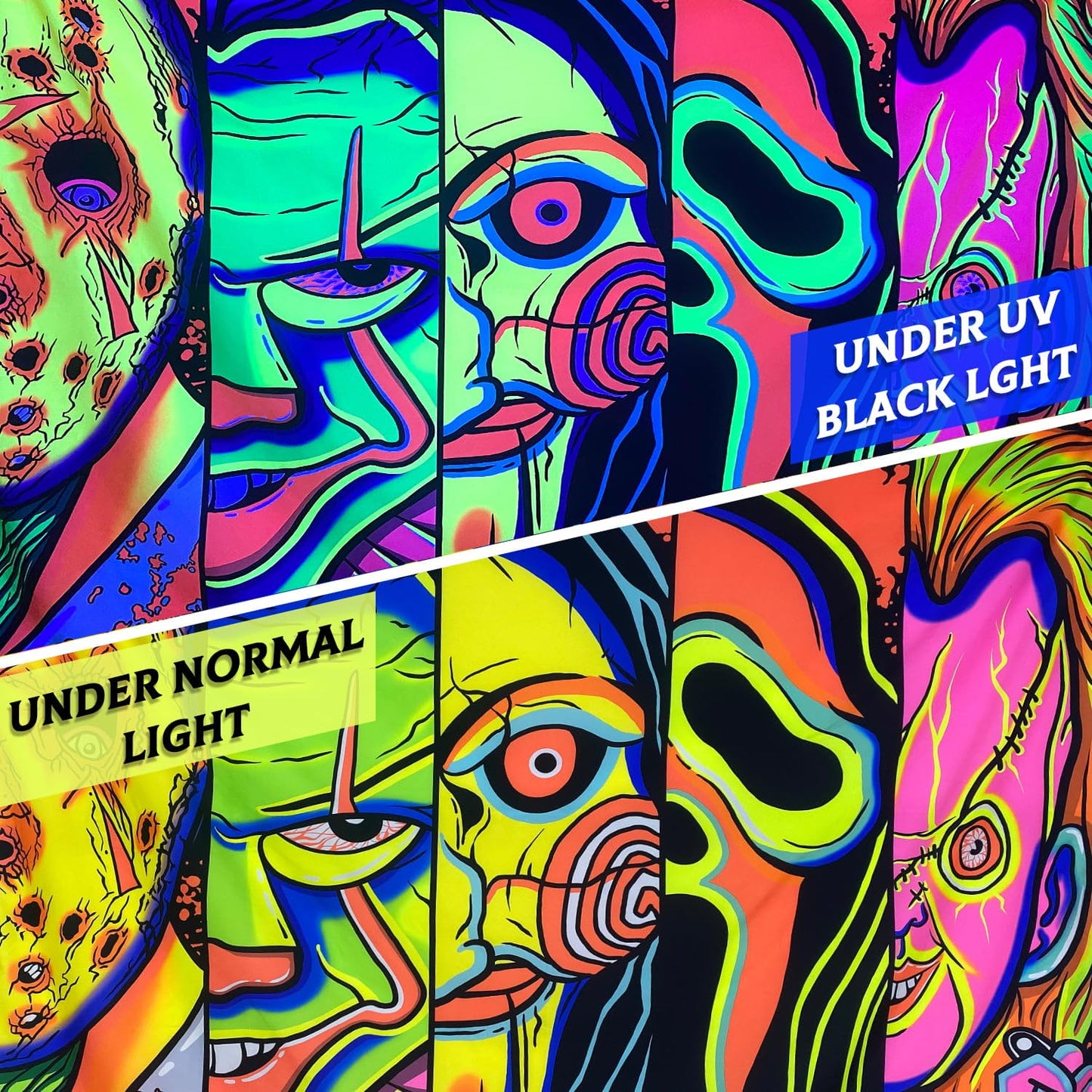 Black Light Art Halloween Wall Decor Trippy Blacklight Horror Face Tapestry, UV Reactive Tapestries Glow in The Dark Party Tapestry for Bedroom, Living Room (51" x 59")