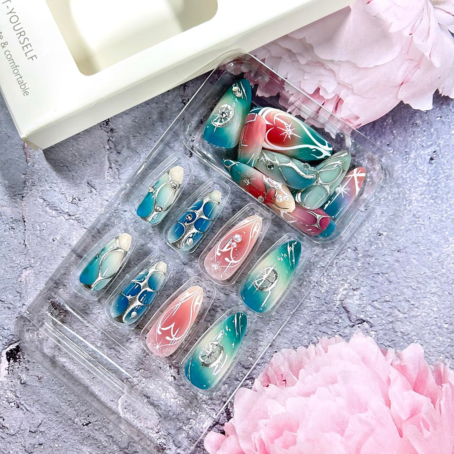 CJDLTS Medium Almond Shaped Gradient Blush 3D Silver Star Irregular Lines with Pearl Stick on Nails Full Cover Reusable Coffin Press on Nails Artificial Acrylic Fingernails for Women Manicure 24Pcs