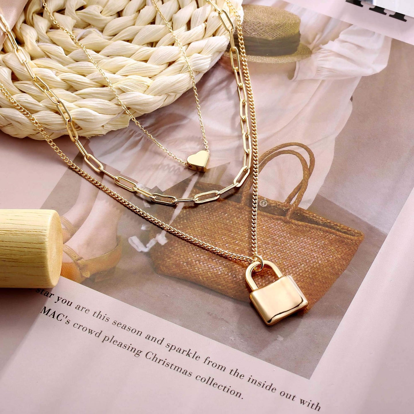 Turandoss Layered Lock Necklace for Women, Layered Heart Lock Necklace for Women Layering Link Chain Necklaces