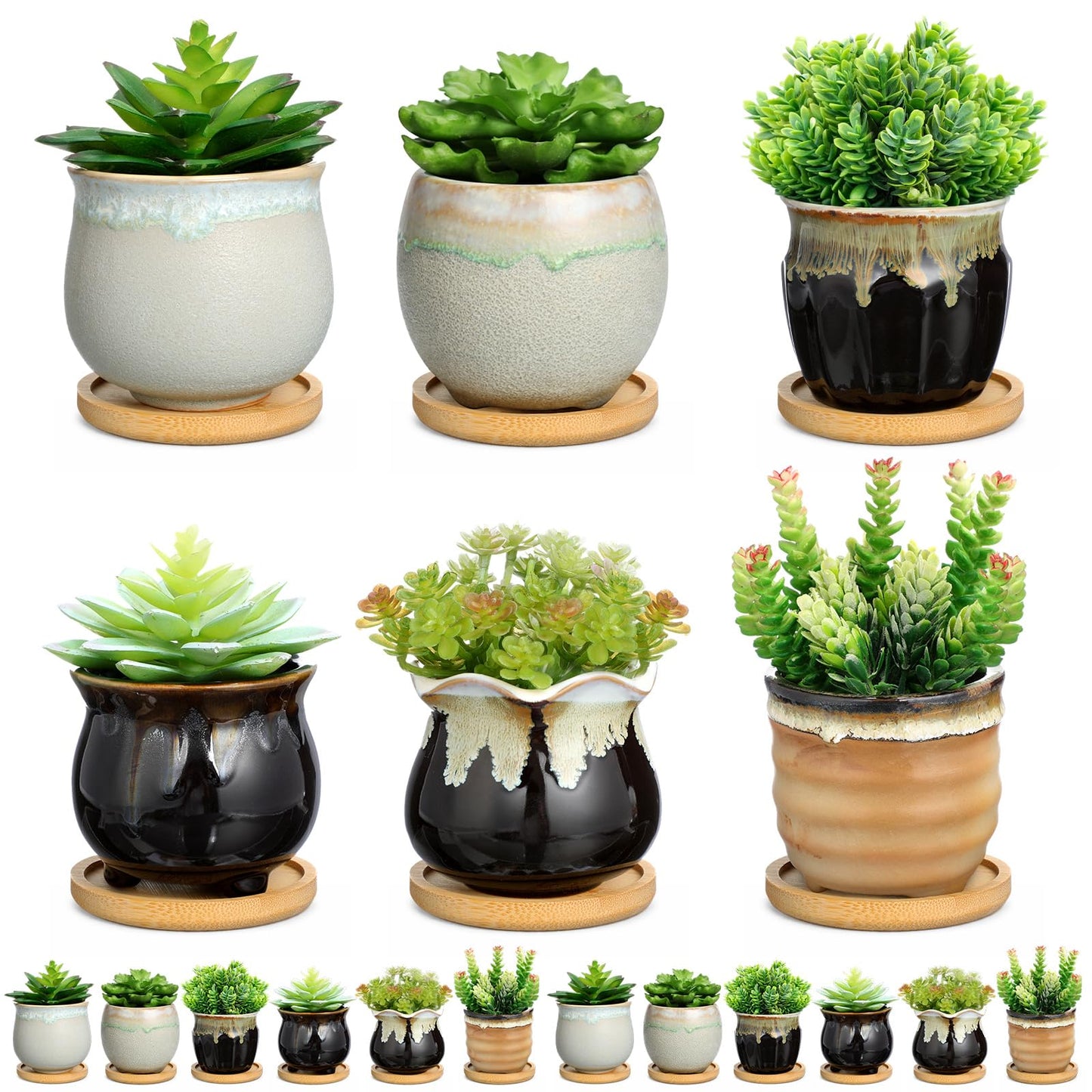 Remerry 6 Pcs Small Succulent Pots Bulk with Drainage Assorted 3.5 Inch Mini Ceramic Succulent Planters Pot with Coaster Bamboo Plant Tray Planting Pots for Home Office Garden