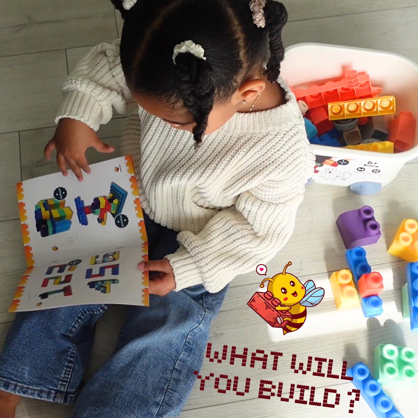 WaBee Baby Soft Rubber Building Blocks - 50 Pieces in Wheeled Bin Ages 12mo+ - Extra Large Chew-Safe Sensory Toys - STEM Learning Set - Not Compatible with Duplo/Mega