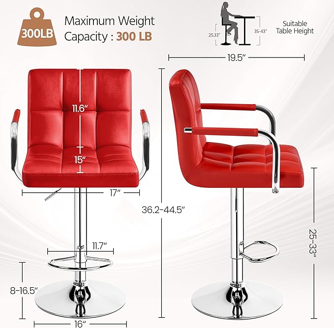 Yaheetech Bar Stools Set of 2, PU Leather Adjustable Swivel Barstools, Hydraulic Kitchen Counter Height Bar Chairs with Armrest and Back for Bar, Kitchen, Dining Room, Red