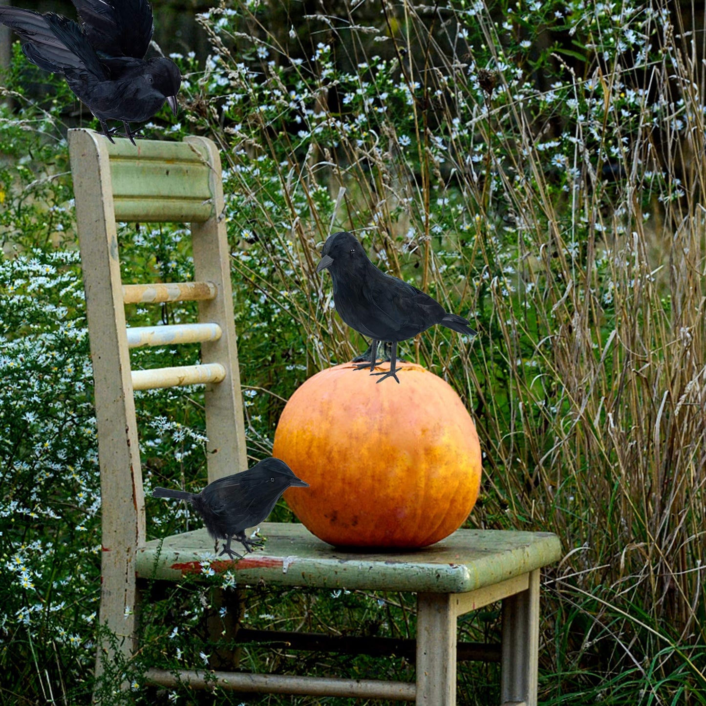 Darnassus 3-Pack Halloween Black Feathered Crow Realistic Handmade Crow Prop for Halloween Party Outdoors and Indoors Decoration