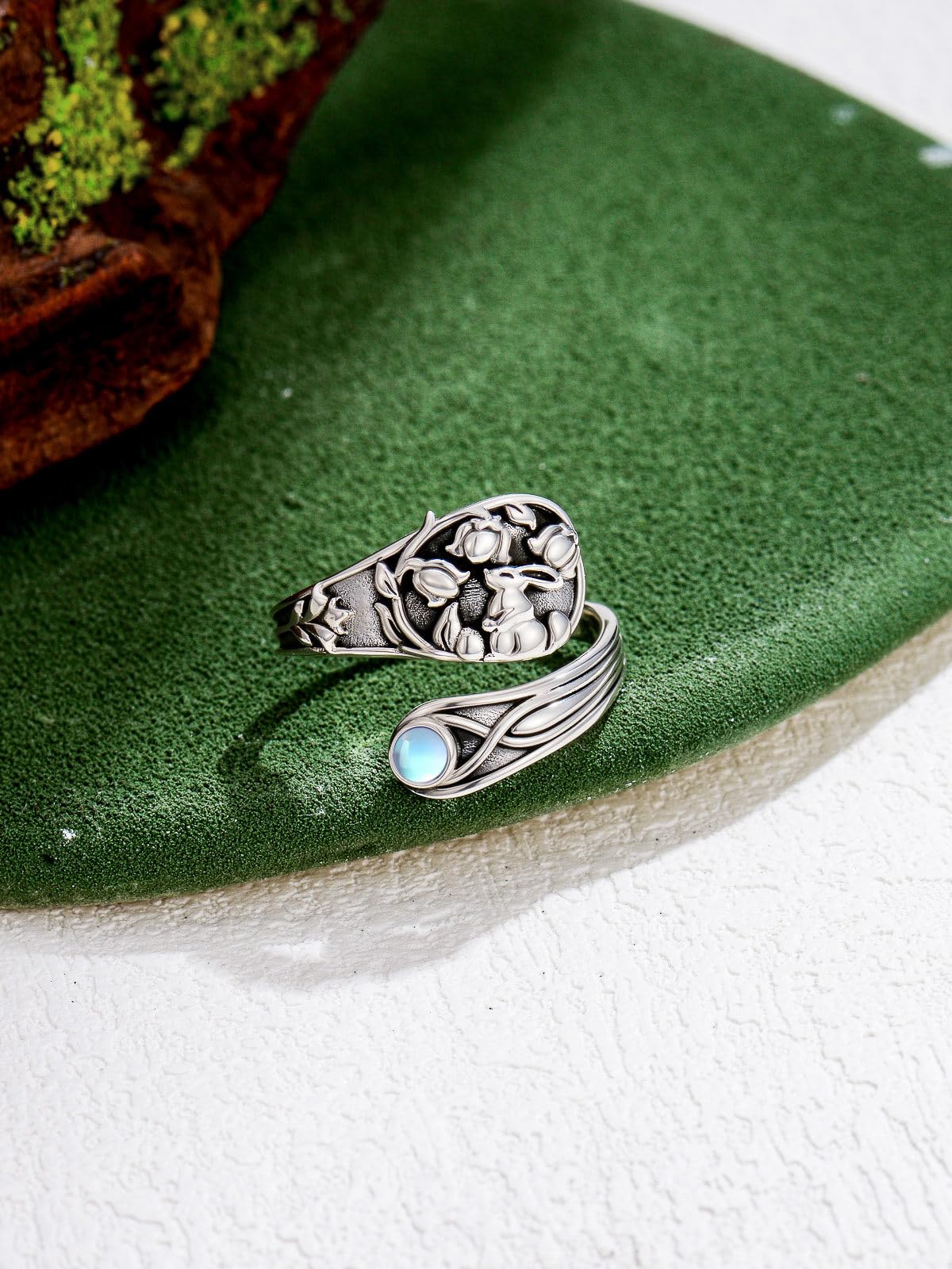 Midari Easter Bunny Spoon Rings for Women 925 Sterling Silver Cute Bunny Adjustable Rabbit Moonstone Rings Abalone Open Spoon Thumb Rings Bunny Jewelry for Women Men Birthday Easter Gifts