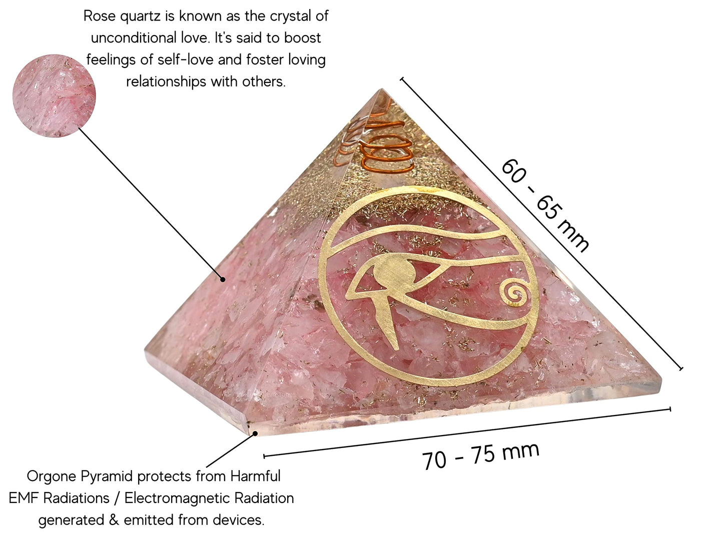 Amazing Gemstone Large Rose Quartz Orgone Pyramid Crystal, Eye of Horus Orgonite Pyramid - Positive Energy Healing