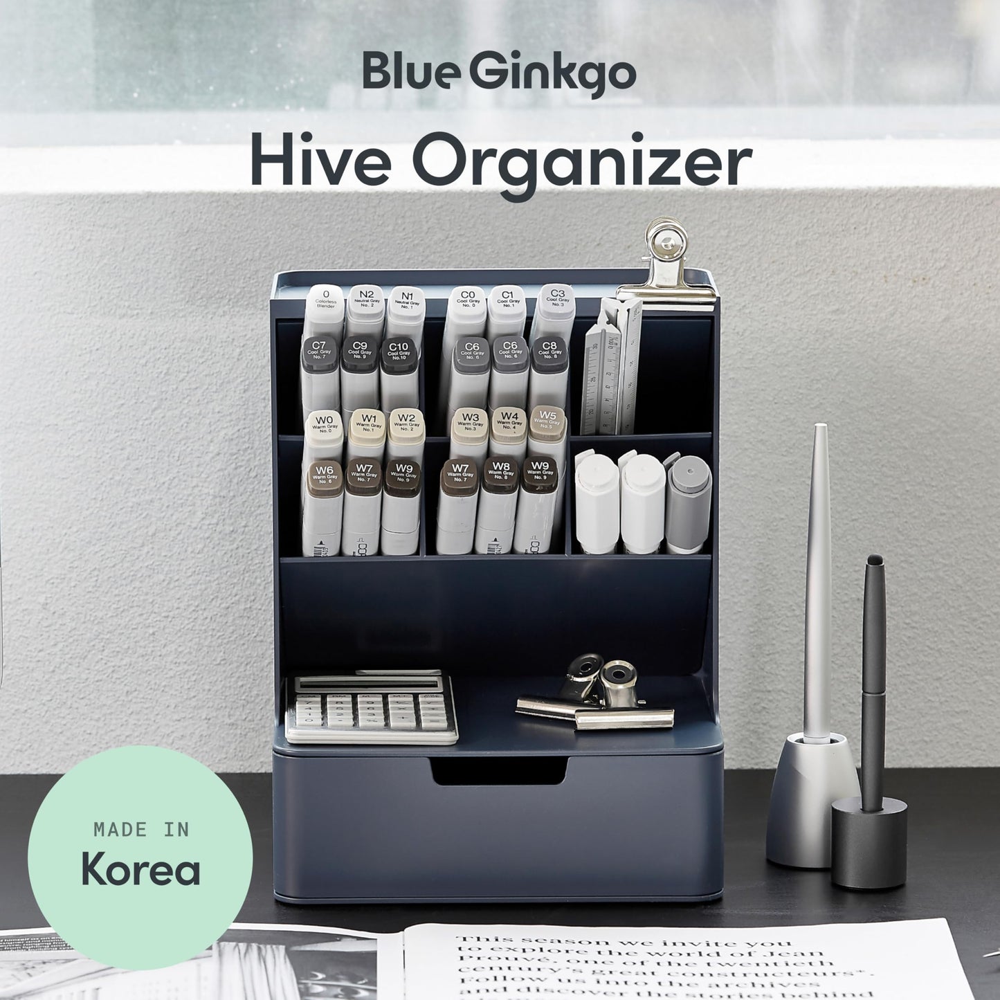 BLUE GINKGO Hive Desk Organizer – Vertical 6-Compartment, Full-drawer Storage – Space-Saving Pen Holder, Stationery Storage – Organizer for Office, School Supplies, Makeup (Made in Korea, Blue)