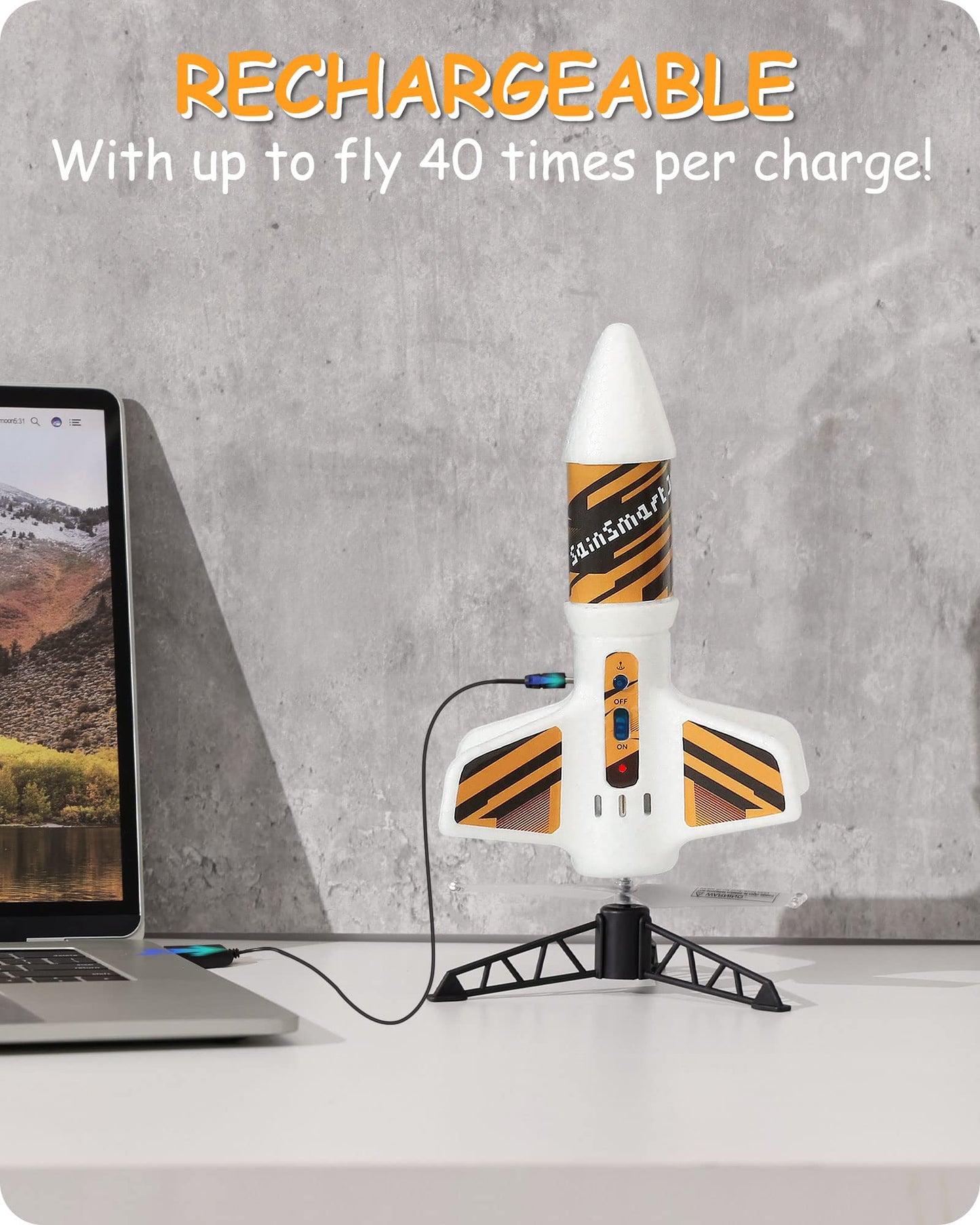 SainSmart Jr. Rocket Launcher for Kids - Motorized Air Rocket Launch up to 200 ft, Safely Land with Parachute, Self-Launching Outdoor Toy, White