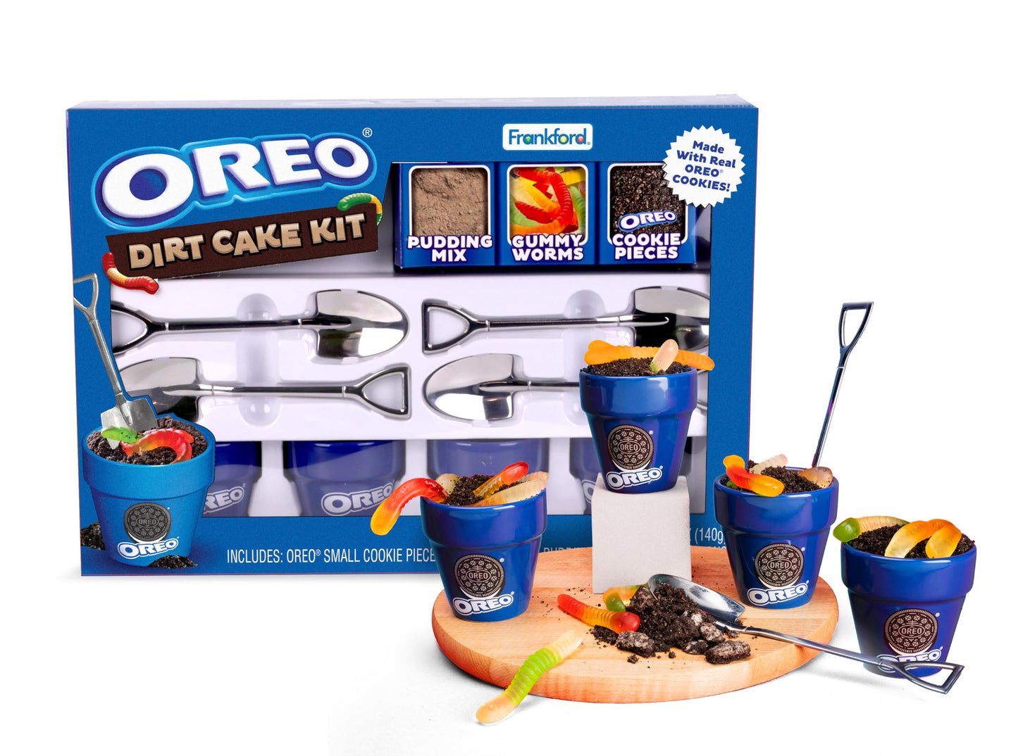 Frankford OREO DIY Dirt Cake Kit with Real Cookie Pieces, Gummy Worms, Chocolate Pudding Mix, Shovel Spoons, and Ceramic Cups
