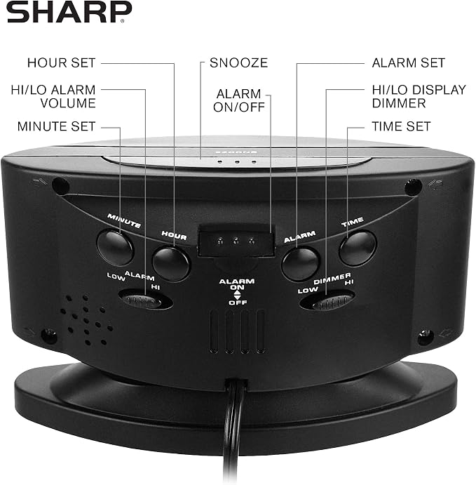Sharp Outlet-Powered Alarm Clock with Swivel Base, Red LED and Dimmer | Outlet powered; Swivel base; Large red LED digits; Adjustable brightness; Snooze; Simple controls; Midnight Black