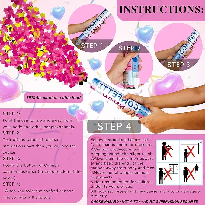 2 Pack Gender Reveal Confetti Cannon, 12 in Pink Square shaped Paper Party Poppers Cannons, Confetti Poppers For Baby Girl Gender Reveal Baby Showers (Square, Pink)