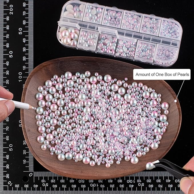 4000PCS Flatback Rhinestones and Half Round Pearls Kit #36, Multi Size Glass AB Crystals, Plastic Flat Back Pink Mermaid Dome Bead with Pickup Pencil and Tweezer for Nail Art