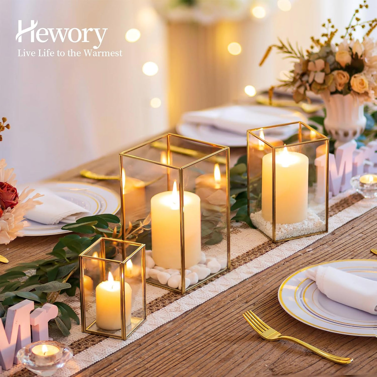 Glass Hurricane Candle Holder Large - Hewory 6pcs Gold Rectangle Flower Holders Centerpiece for Table, Tall Floor Square Pillar Candle Lantern for Wedding, Anniversary, Party, Fireplace, Dining Room