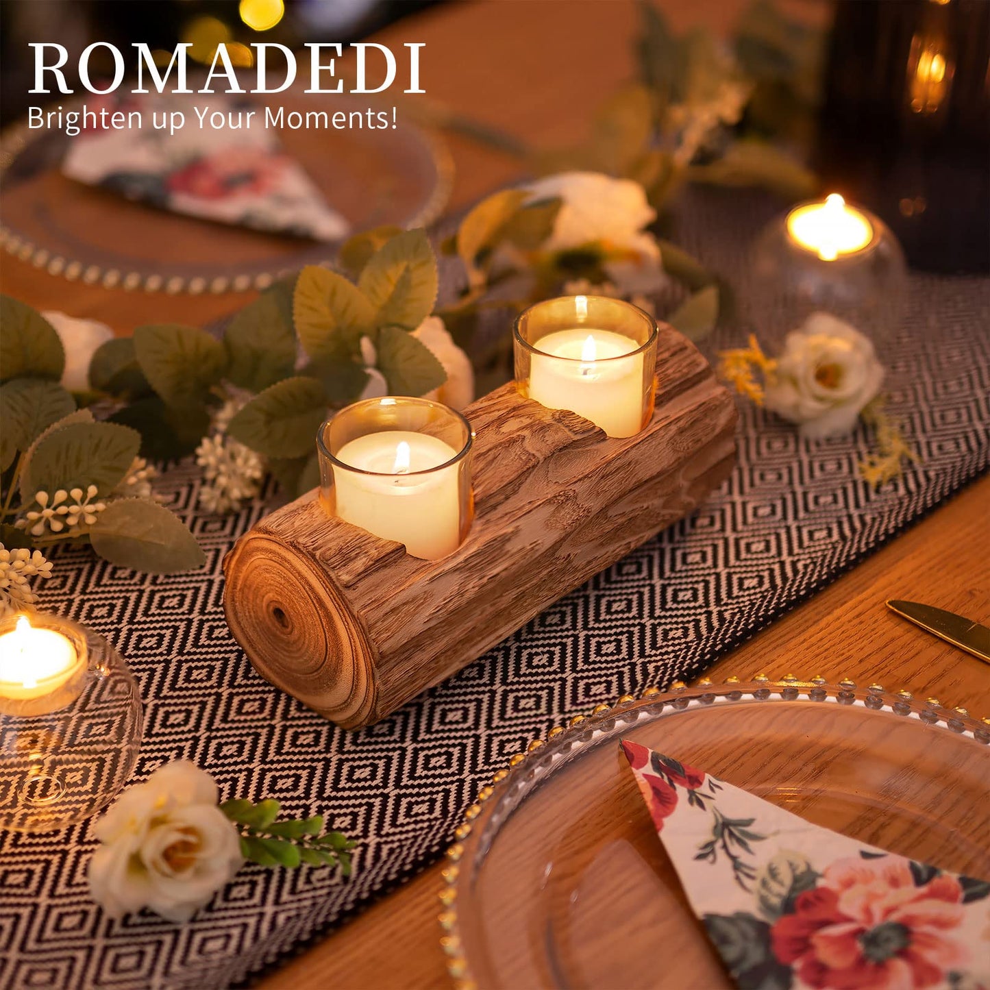 Romadedi Wood Tealight Candle Holder: Boho Decorative Votive Candle Holders for Rustic Wedding Decor, Tea Lights Country Theme Driftwood Table Centerpiece, Coastal Farmhouse Home Decorations