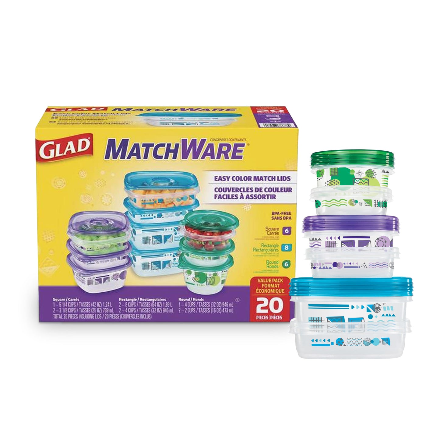Glad GladWare MatchWare Food Storage Containers with Lids, BPA Free Reusable Plastic 20 Piece Variety Pack for Lunches, Meal Prep, and Leftovers, Leak Resistant, Microwave and Dishwasher Safe