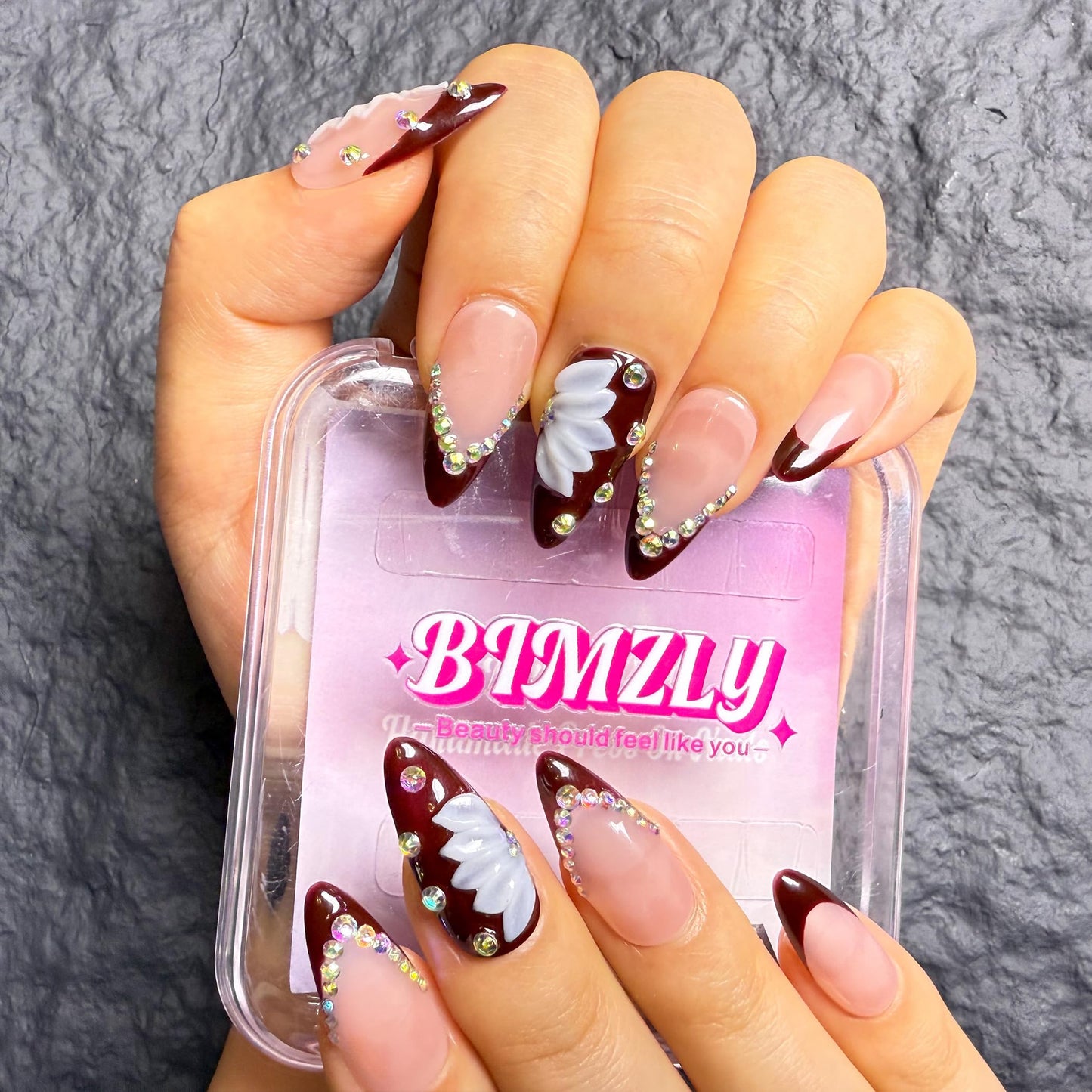 Handmade Press On Nails Almond Medium Elegant Cherry Red French With Rhinestone Detail Handmade Nails 3d Dloral Reusable Wedding Prom And Festival Acrylic Press On Nails (Short)
