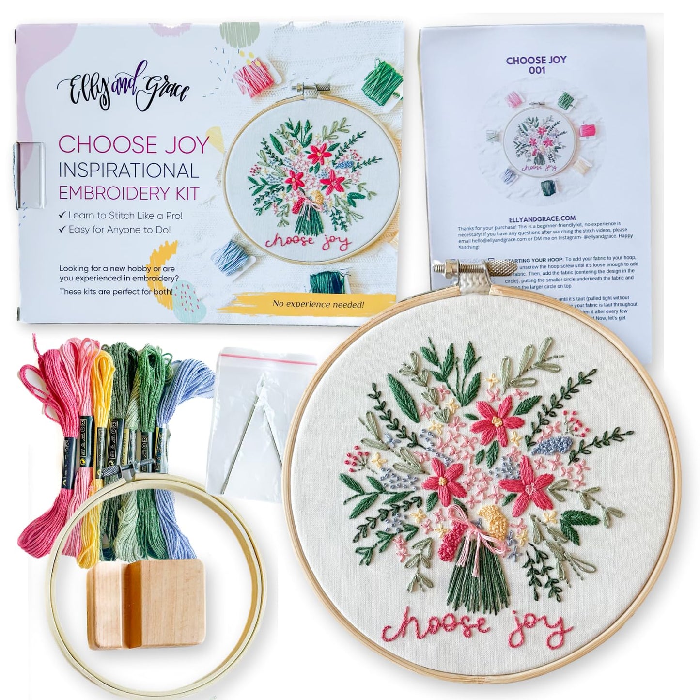 Elly & Grace Christian Embroidery Kit with Embroidery Hoop, Easy Embroidery Kit for Beginners and Adults, Full Embroidery Hoop Kit with Needles and Thread Included (Choose Joy)