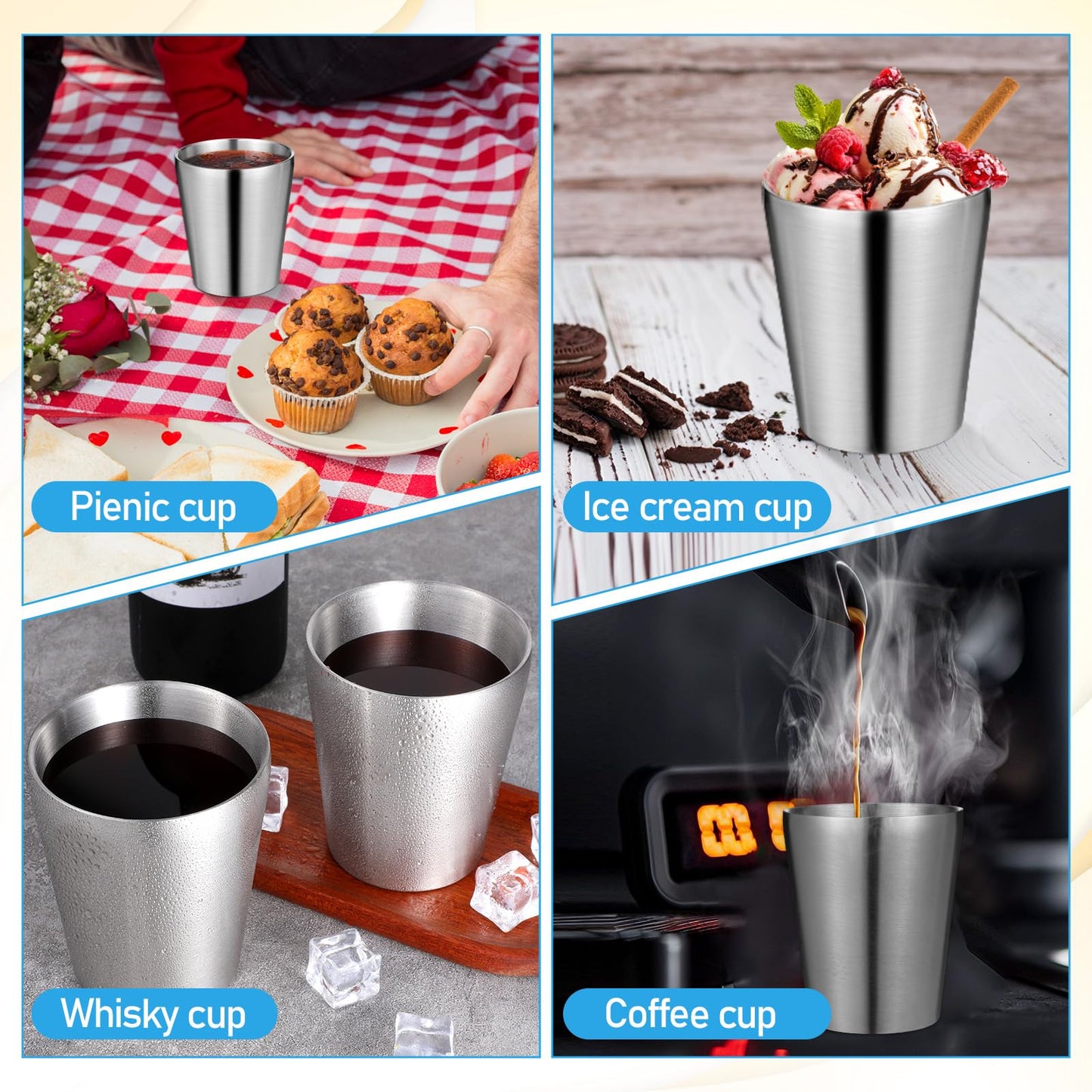 Oqqlin 8 Pcs 10 Oz Stainless Steel Cups, Metal Double Wall Vacuum Tumbler Silver Stackable Unbreakable Drinking Glasses for Party, Camping, Home, BBQ