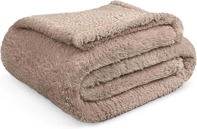 PAVILIA Sherpa Throw Blanket for Couch Sofa, Taupe Tan Fluffy Warm Plush Blanket for Twin Bed, Cozy Super Soft Lightweight Throw, Fuzzy Decorative Blanket, All Season Home, 60x80