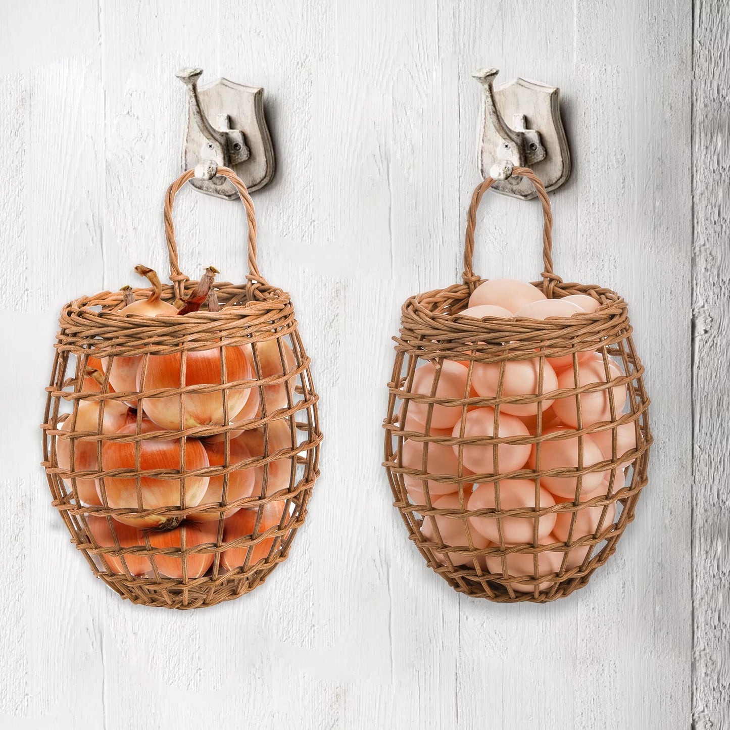 Elsjoy Set of 2 Hanging Onion Basket, Wall Mount Small Wicker Baskets for Food Storage, Woven Rattan Basket for Kitchen, Pantry, Home Decor