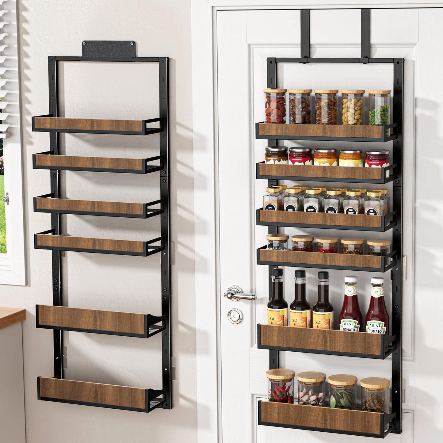 Aquzee Heavy Duty Pantry Door Organizer, 6-Tier Over the Door Pantry Organizer, 2 IN 1 Hanging Wall Mount Spice Rack, Adjustable Baskets, Spice Organization for Cabinet Kitchen Closet