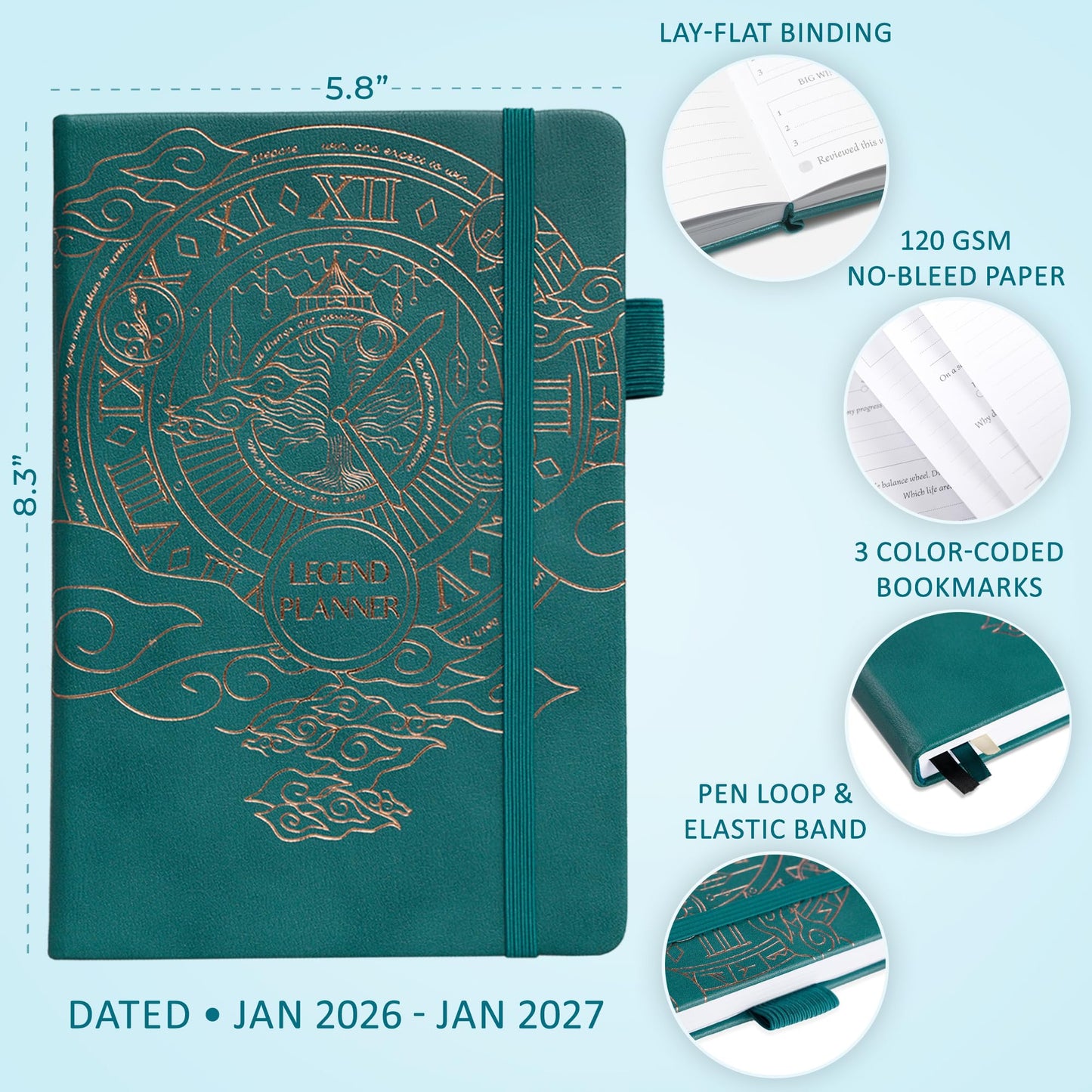 Legend Planner Jan 2026 – Jan 2027 Dated Weekly & Monthly Planner to Hit Your Goals, Increase Productivity & Live Happier. Organizer Notebook & Productivity Journal. A5 Hardcover (Dark Teal)