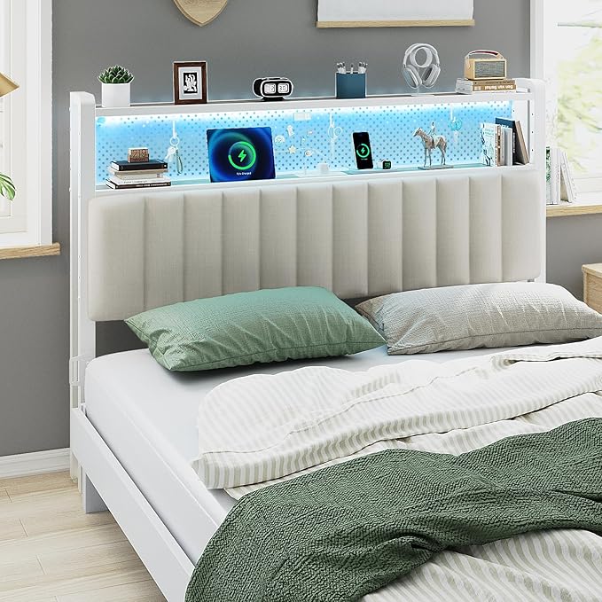 VINGLI Queen Size Headboard Only, Adjustable Upholstered Headboard with 2 Tier Shelves and Pegboard with Charging Stations and LED Lights, Modern Bed Headboard with Storage for Bedroom Decor