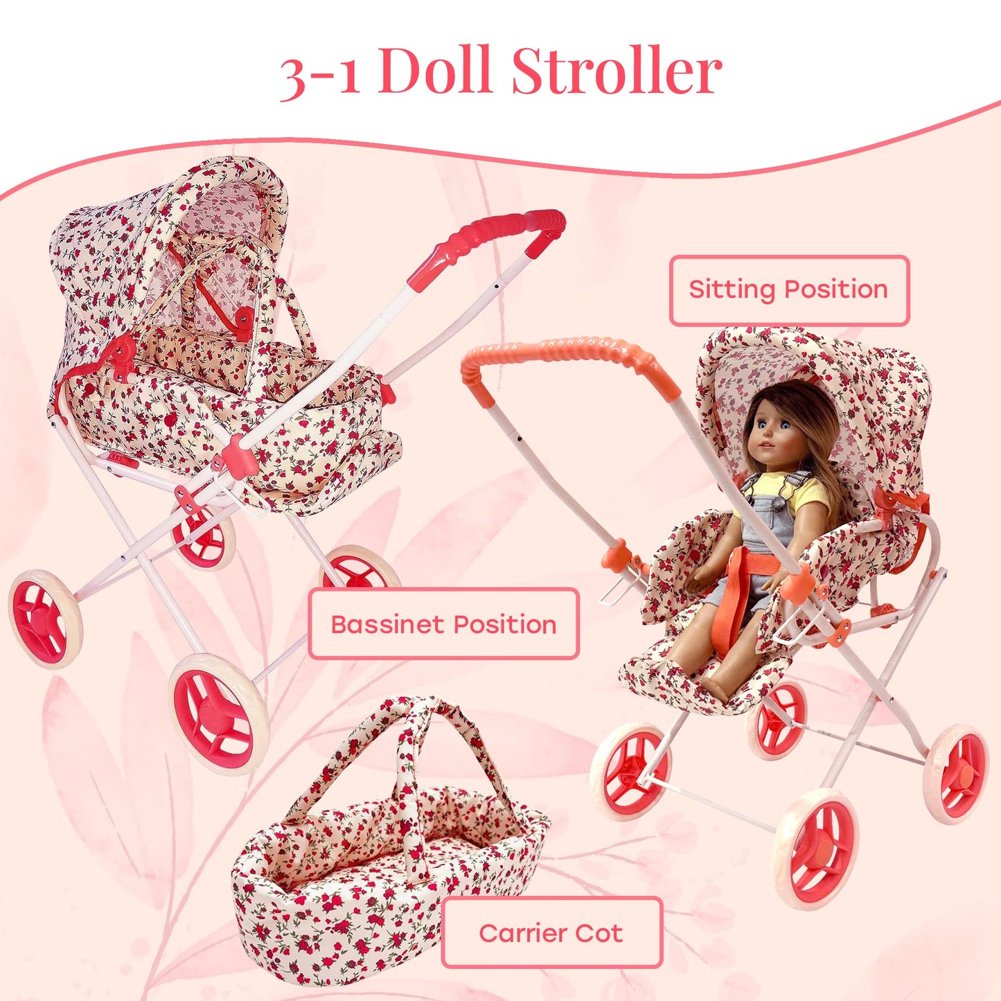 Baby Doll Stroller Play Set, 3-in-1 Babydoll Stroller with Removable Bassinet Baby Carriage for Dolls Toy Doll Stroller for Toddlers 3-4 Years, (Floral)