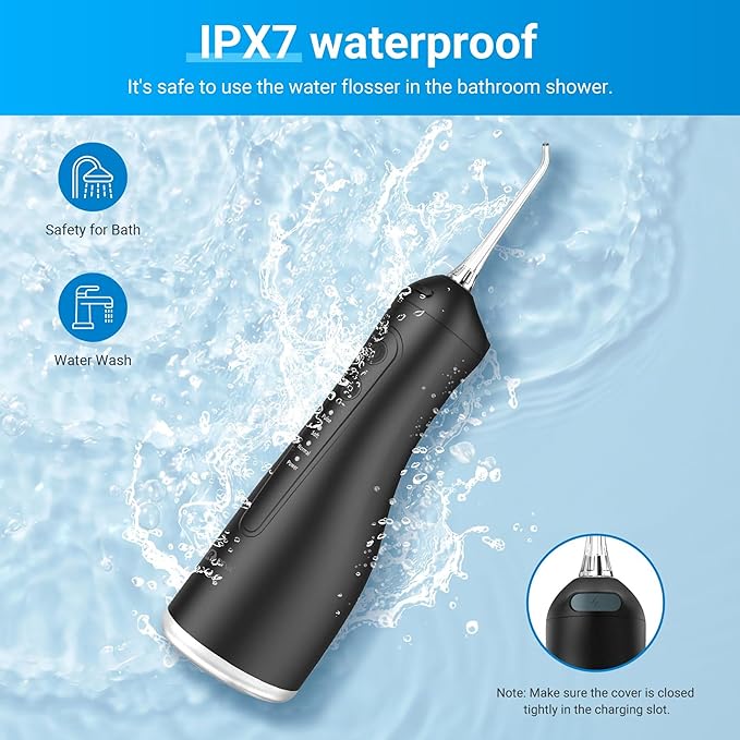 Portable Water Flosser for Teeth - 4 Modes Cordless Oral Irrigator with 300ML Tank, 360° Rotating Nozzle, 4 Jet Tips, Rechargeable, IPX7 Waterproof, Low Noise Gravity Ball Design (M159 - Black)