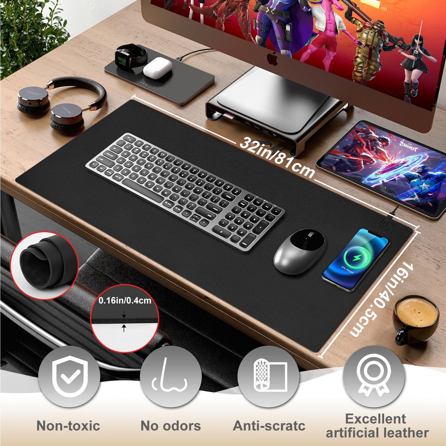 Desk Mat with Wireless Charging, Black Mouse Pad with Wireless Charger, Desk Pad Matt for Desktop, Mousepad Gaming Large Mouse Pad, Leather Compute for Keyboard and Mouse, 32" x 16"