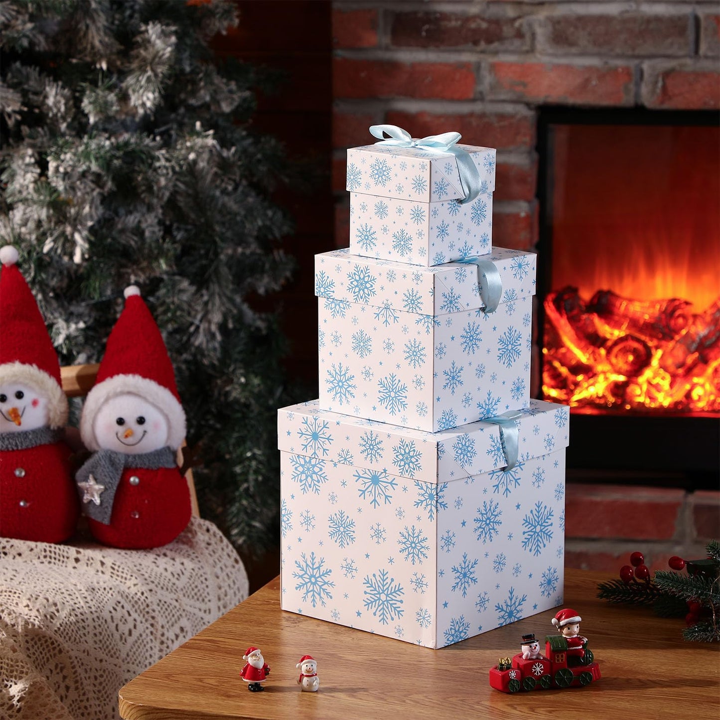 Zhanmai 3 Pcs Christmas Nesting Gift Boxes Snowflake Stackable Boxes Christmas Decorative Boxes with Lids for Present Wrapping Xmas Winter New Year Holiday Party Decor Supplies Favor(White and Blue)