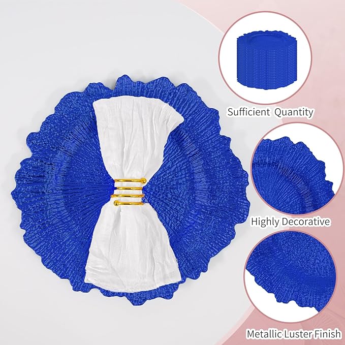 24 Pcs Royal Blue Charger Plates Bulk 13 Inch Plastic Charger Plates for Dinner Plate, Royal Blue Chargers for Table Setting, Reef Design Plate Floral Decorative Round Chargers for Wedding Party Event