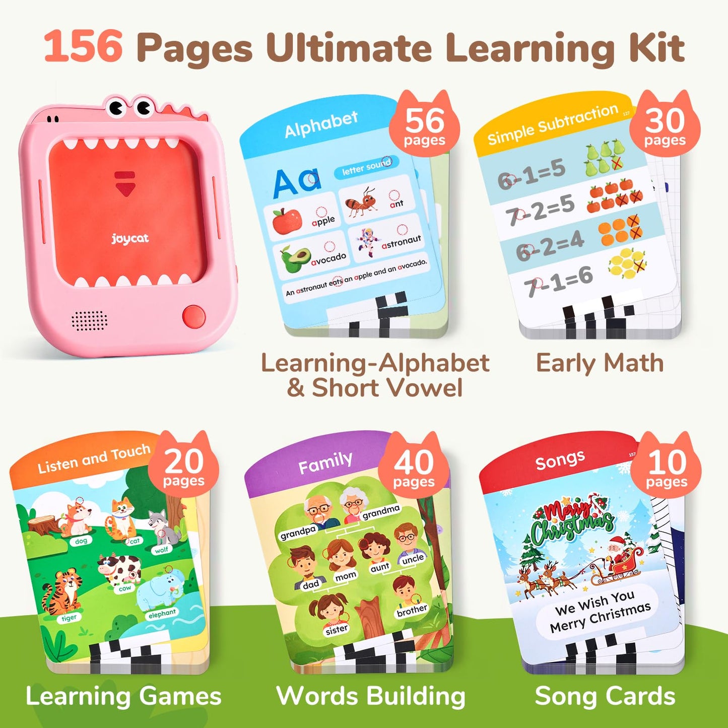 JoyCat Kids Learning Tablet, Phonics Talking Flash Cards, Learn to Read with 156 Pages, 40+ Themes, 600+ Words, 100+ Interactive Games, Screen-Free Learning Toys Birthday Gifts for 2-6 Year Old
