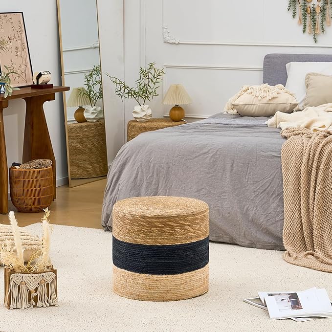 Wimarsbon 18'' Ottoman Pouf, Natural Braided Poof, Rustic Handweave Lounge Pouffe, Boho Footrest Stool for Bedroom, Accent Table for Living Room (18inch Natural Cattail + Black Corn Husk)