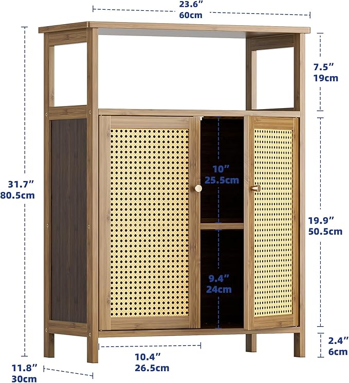 HITNET Rattan Bathroom Floor Cabinet, Freestanding Bamboo Storage Cupboard with 2 Doors, Living Room Sideboard, Space Saving, Walnut