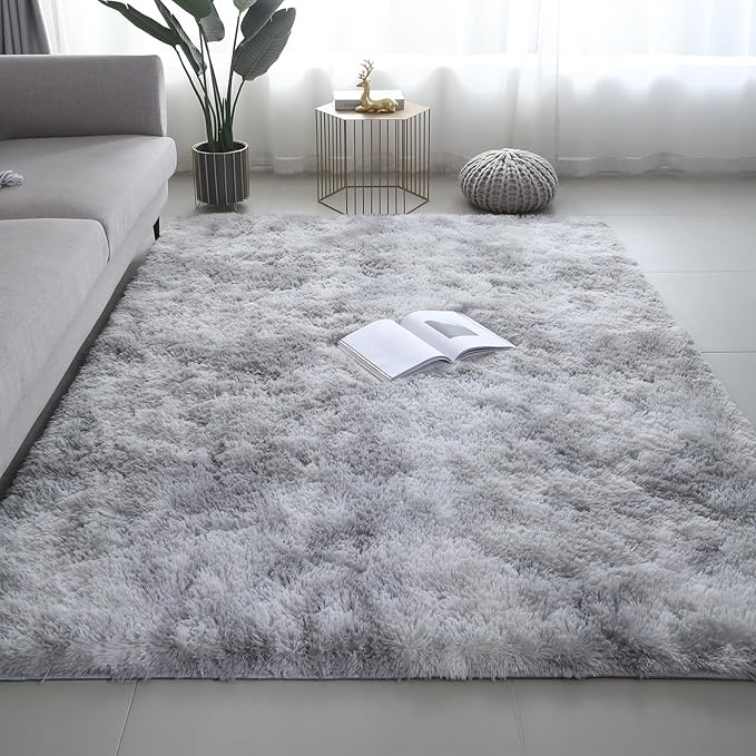 Shag Area Rugs for Bedroom Living Room,8X10 Ultra Soft Fluffy Area Rugs for Dorm, Indoor Carpet Nursery Rugs for Kids Girls Room Home Decor,Tie-Dye Grey
