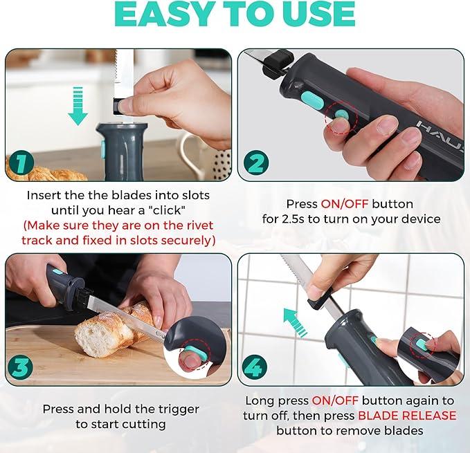 HAUSHOF Cordless Electric Knife Set for Meat Slicing, 8V Electric Carving Knife for Fish, Bread, Turkey, Rechargeable Meat Cutter with Reciprocating Stainless Steel Blades, Safety Lock & Storage Case
