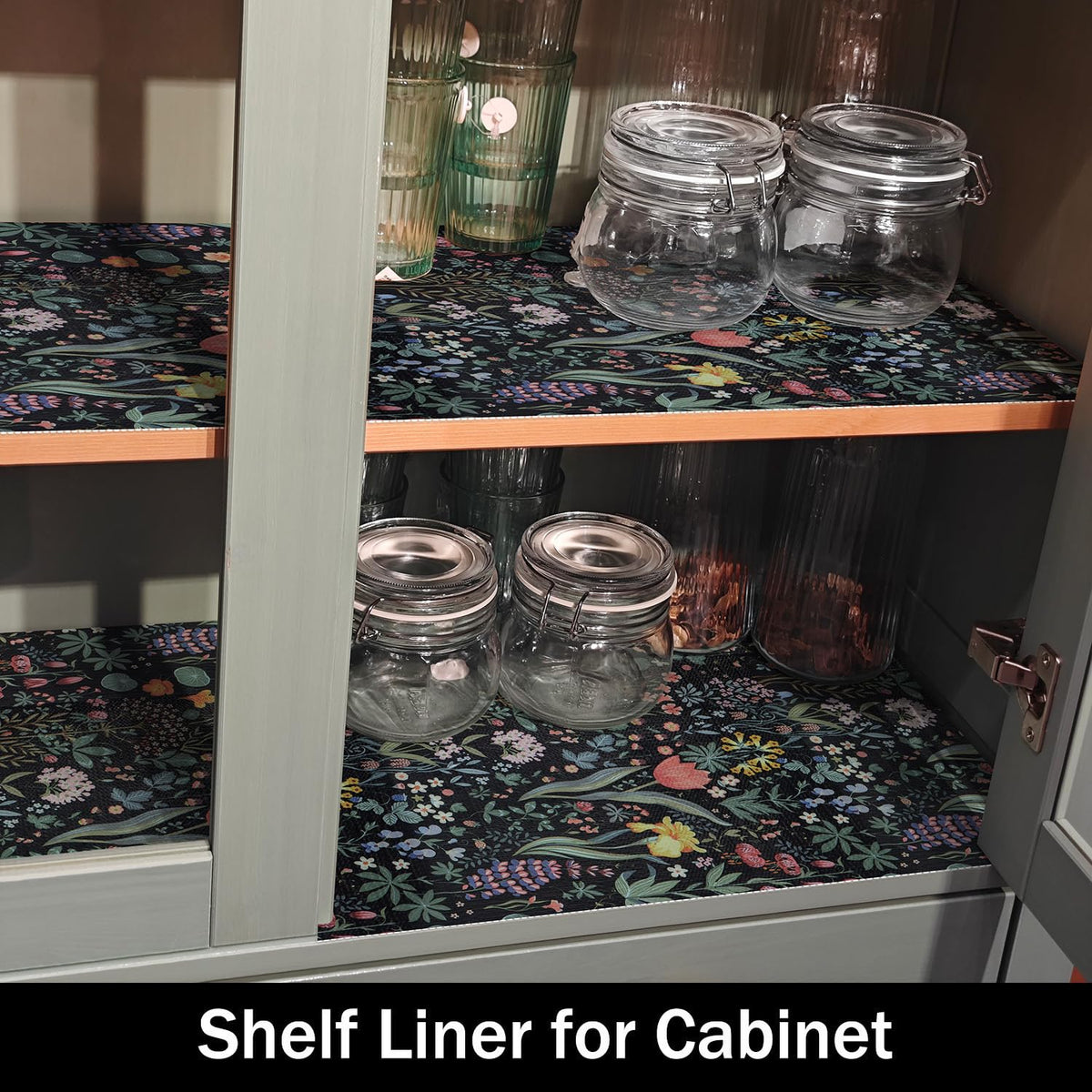 Black Floral Shelf Drawer Liners Non