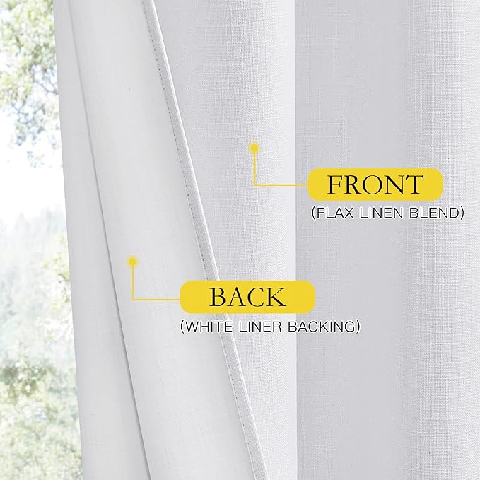 NICETOWN 100% Absolutely Blackout Linen Curtains with Thermal Insulated White Liner, White, 34 inches Wide, 90 inches Length Energy Saving Curtains for Living Room 2 Panels Set, Vertical Blinds