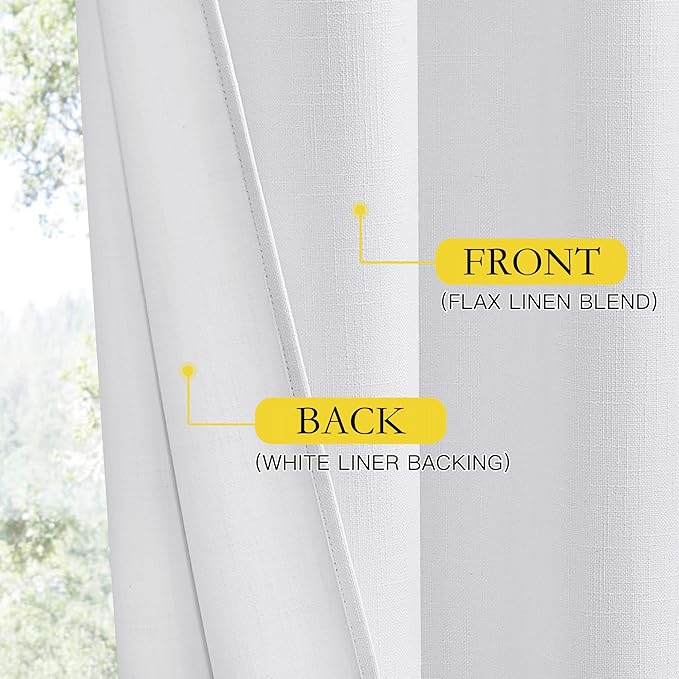 NICETOWN 100% Absolutely Blackout Linen Curtains with Thermal Insulated White Liner, White, 34 inches Wide, 80 inches Length Energy Saving Curtains for Living Room 2 Panels Set, Vertical Blinds