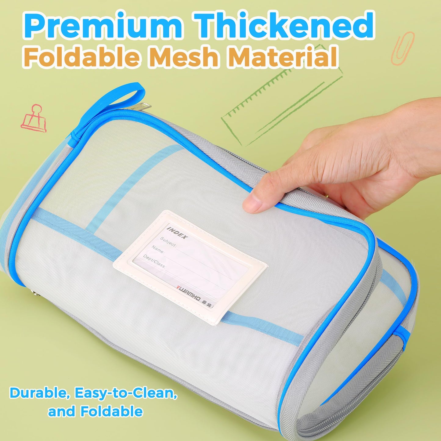 Pendancy Mesh Zipper Pouch 14.8x10.8 in Transparent Lightweight Nylon File Folders, A4 Size Multi-layer Subject Document Organizer Accessories Storage bag for Office and School Supplies(Blue)