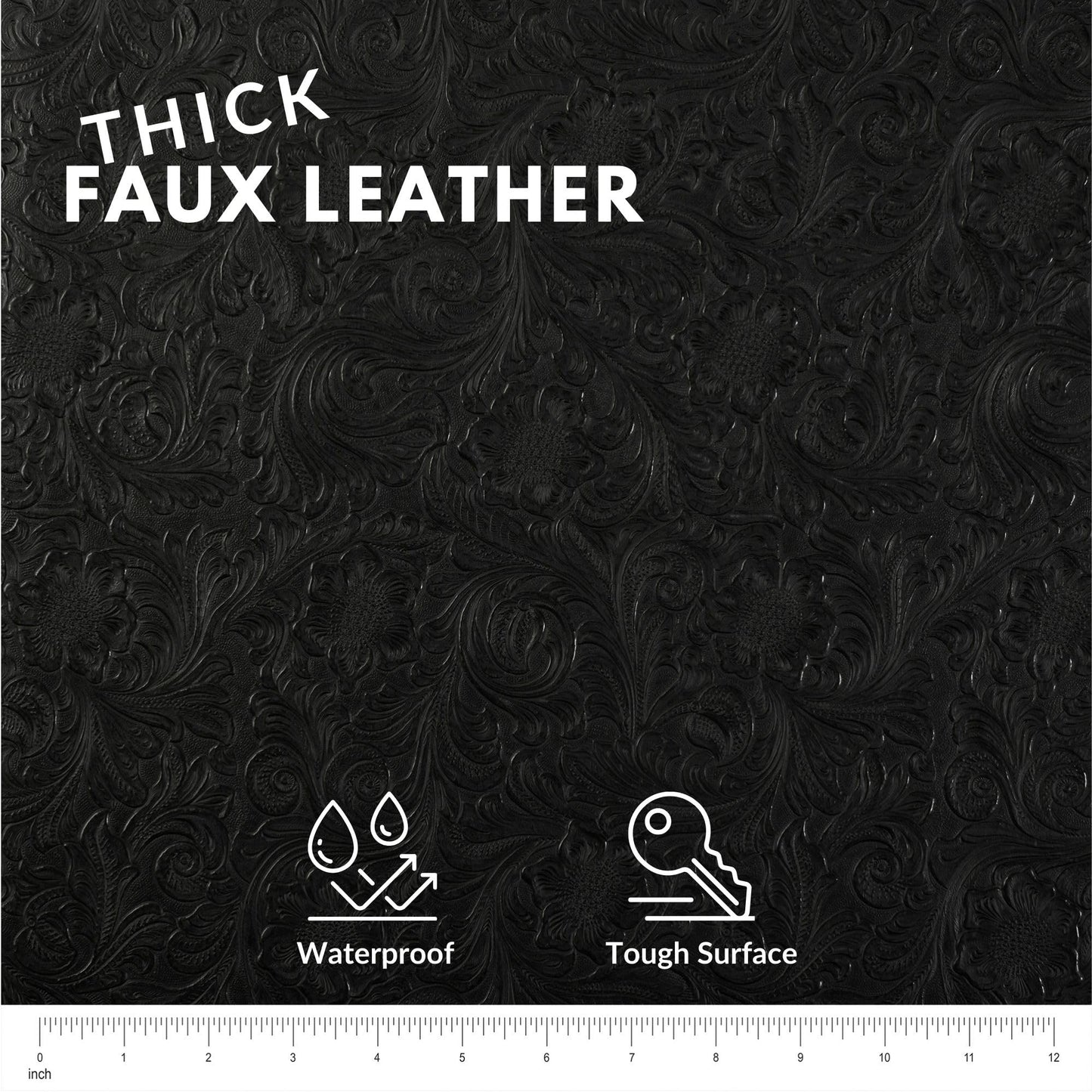 Tooled Faux Leather Western Cowboy, Floral Embossed Vinyl, Craft DIY and Upholstery Textured PU Pleather Fabric - Individual 1 Yard Cut 36"x54" (Black)